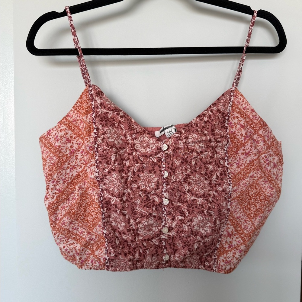 American Eagle Outfitters Rose and Coral Floral Patchwork Cropped Cami